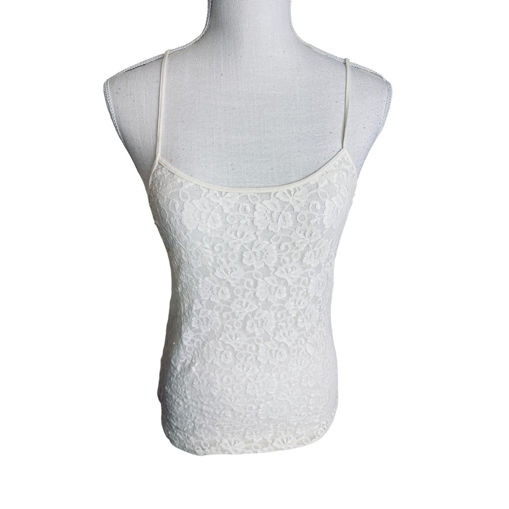 Cream Floral Sheer Lace Tank Top Cami Adjustable Straps sz M Coquette Fairycore